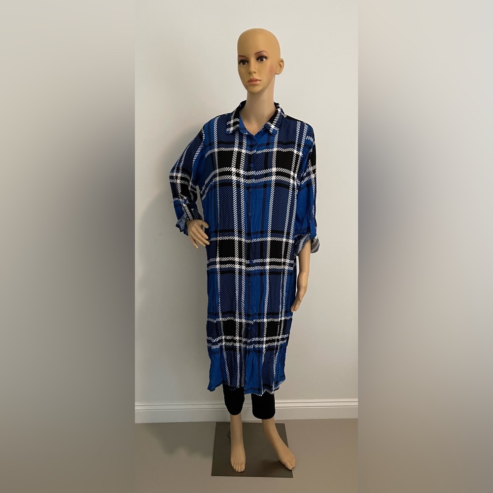 Blue and Black Multicolor Plaid Button-Front Midi Tunic Blouse